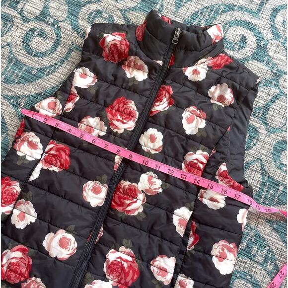 Loft Floral Quilted Puffer Vest Red & Pink Roses on Black - Size M - Picture 4 of 11